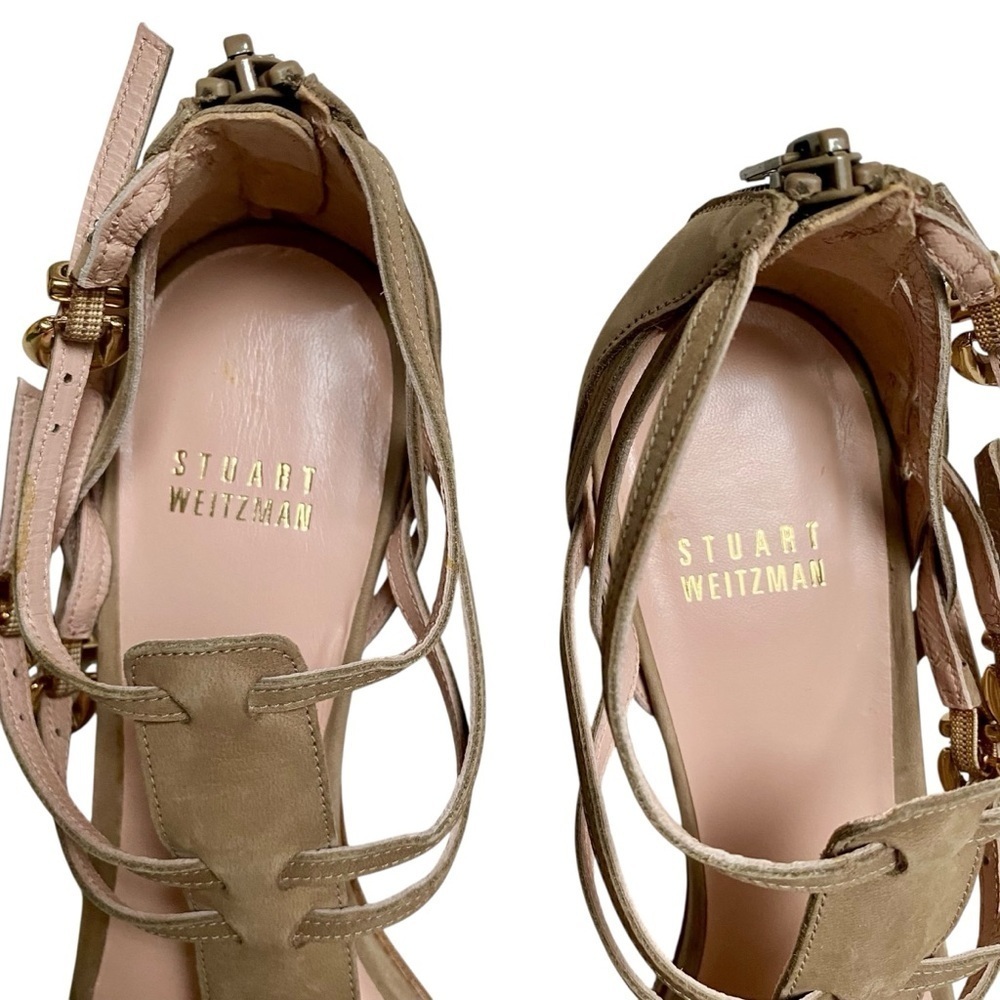 Stuart Weitzman Tan Nubuck Nuarache Gladiator Kitten Heel Sandals 7.5 - Picture 5 of 16